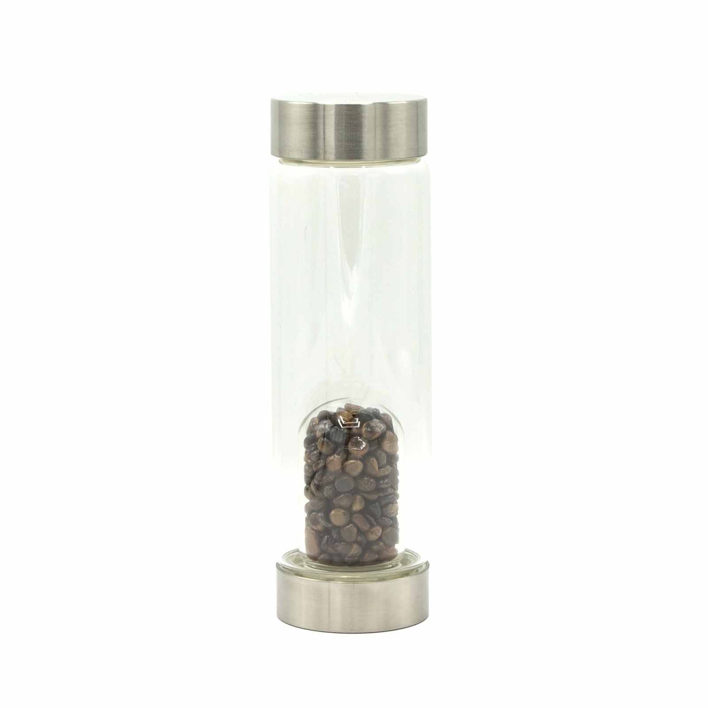 Samsara Wellbeing crystal infused water bottle with stainless steel lid and base containing dark crystals