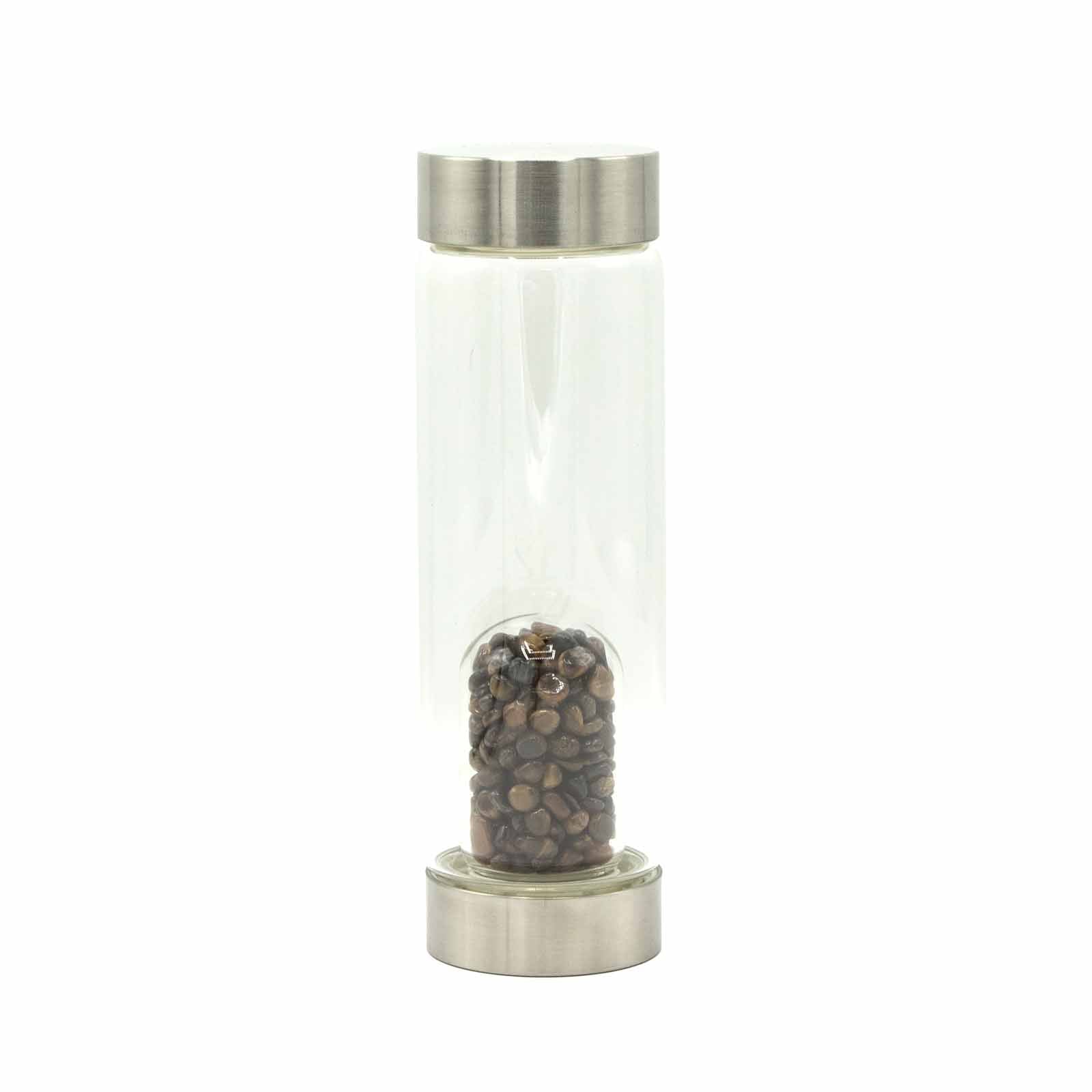 Samsara Wellbeing crystal infused water bottle with stainless steel lid and base containing dark crystals