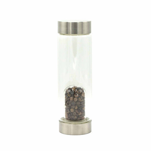 Samsara Wellbeing crystal infused water bottle with stainless steel lid and base containing dark crystals