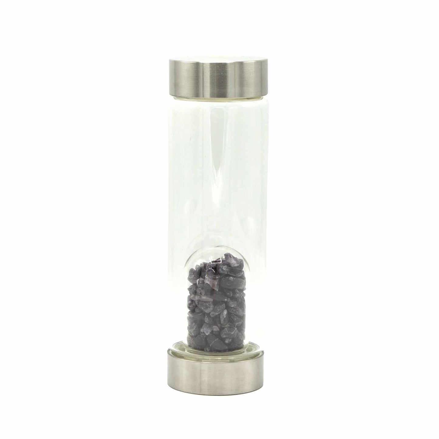 Samsara Wellbeing crystal infused water bottle with clear glass and stainless steel caps containing dark purple crystals