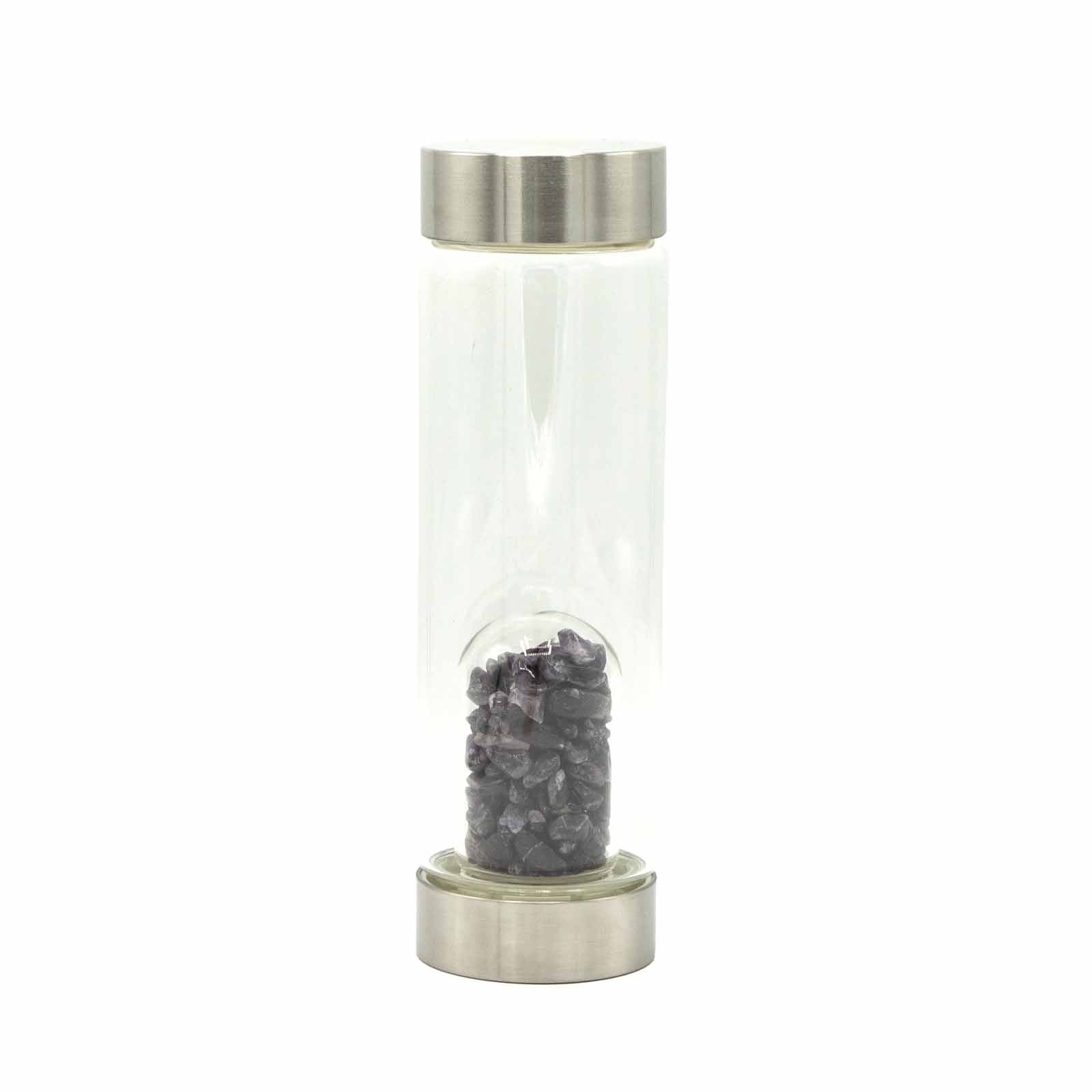 Samsara Wellbeing crystal infused water bottle with clear glass and stainless steel caps containing dark purple crystals