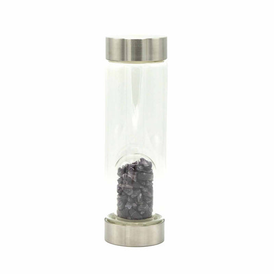 Samsara Wellbeing crystal infused water bottle with clear glass and stainless steel caps containing dark purple crystals