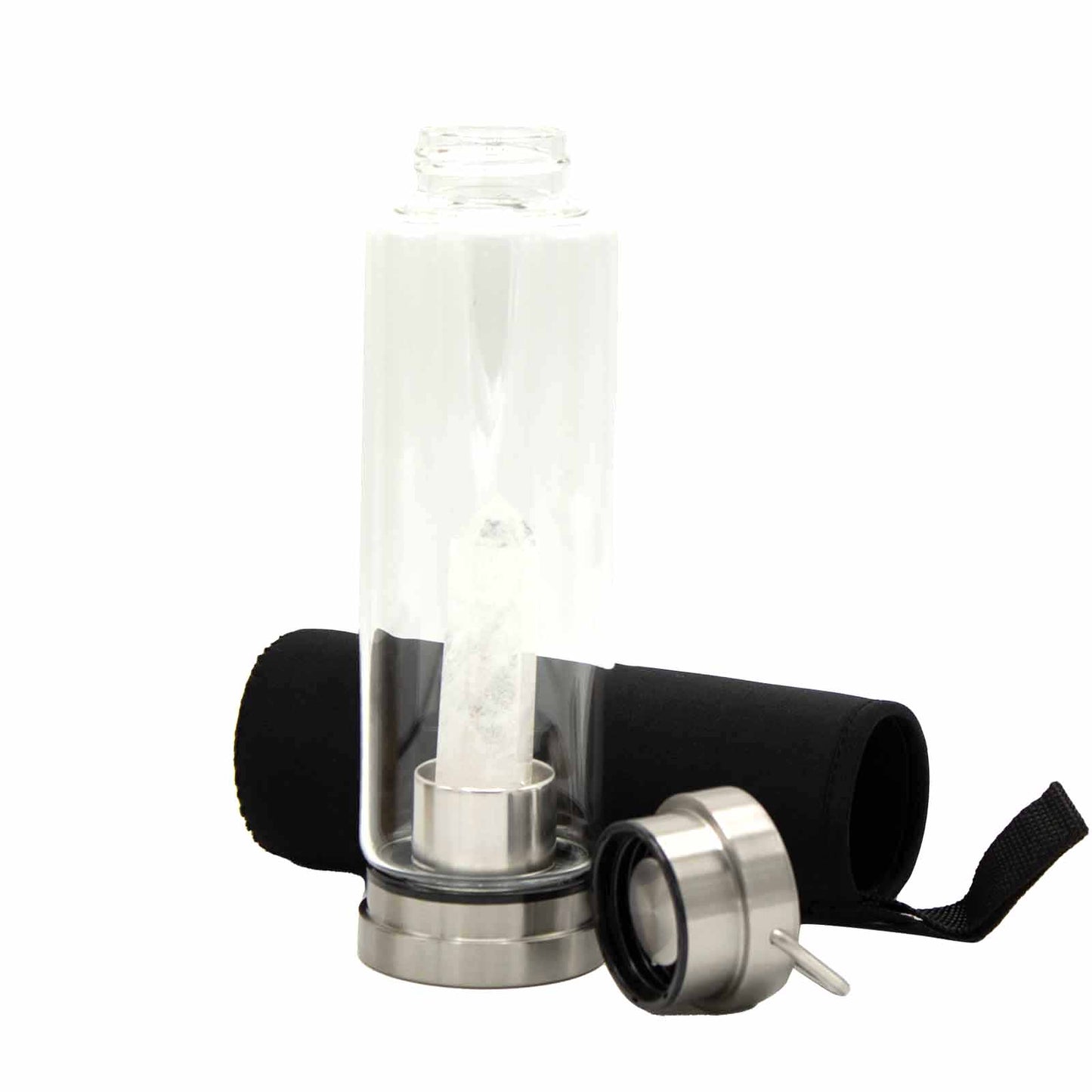 Samsara Wellbeing crystal infused water bottle with clear glass, stainless steel lid, and black carrying sleeve