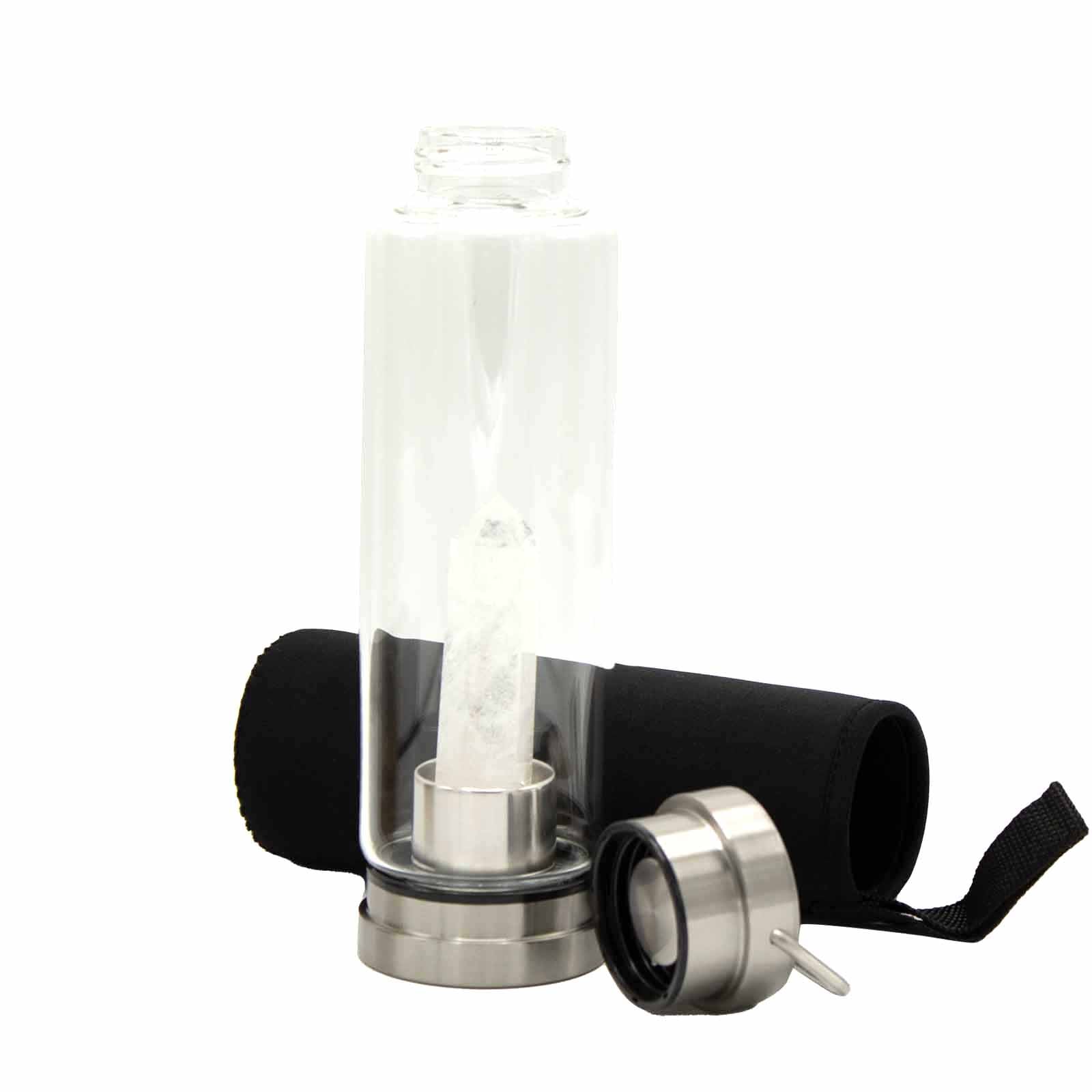 Samsara Wellbeing crystal infused water bottle with clear glass, stainless steel lid, and black carrying sleeve
