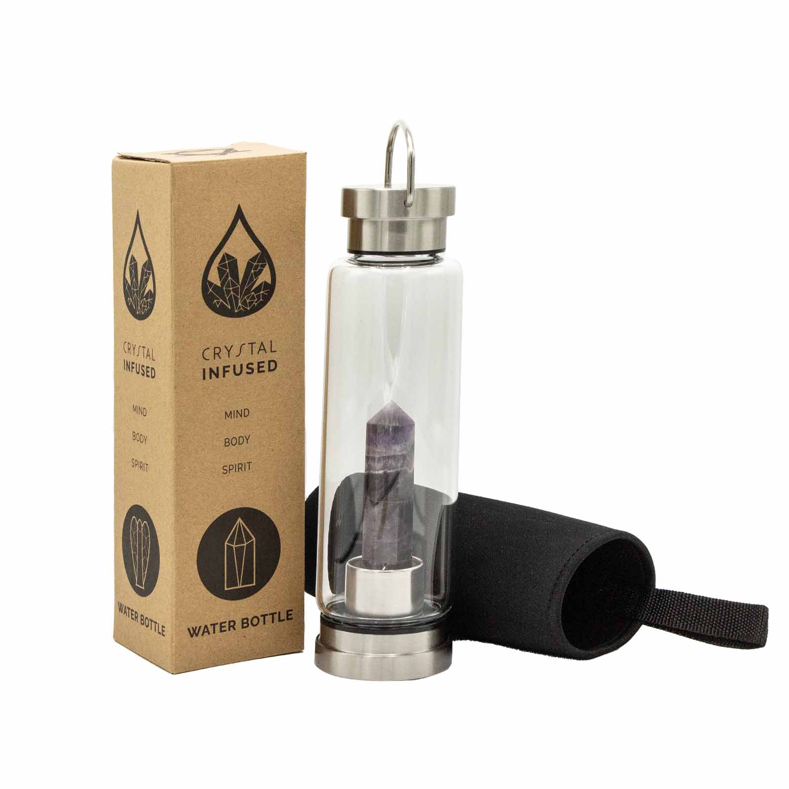 Samsara Wellbeing crystal infused water bottle with amethyst crystal and black carrying sleeve