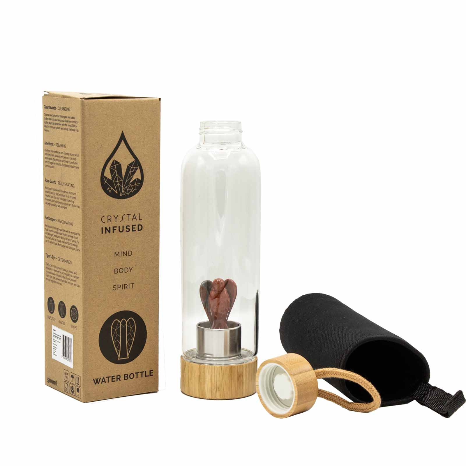 Samsara Wellbeing crystal infused water bottle with wooden lid, black carry pouch and cardboard packaging