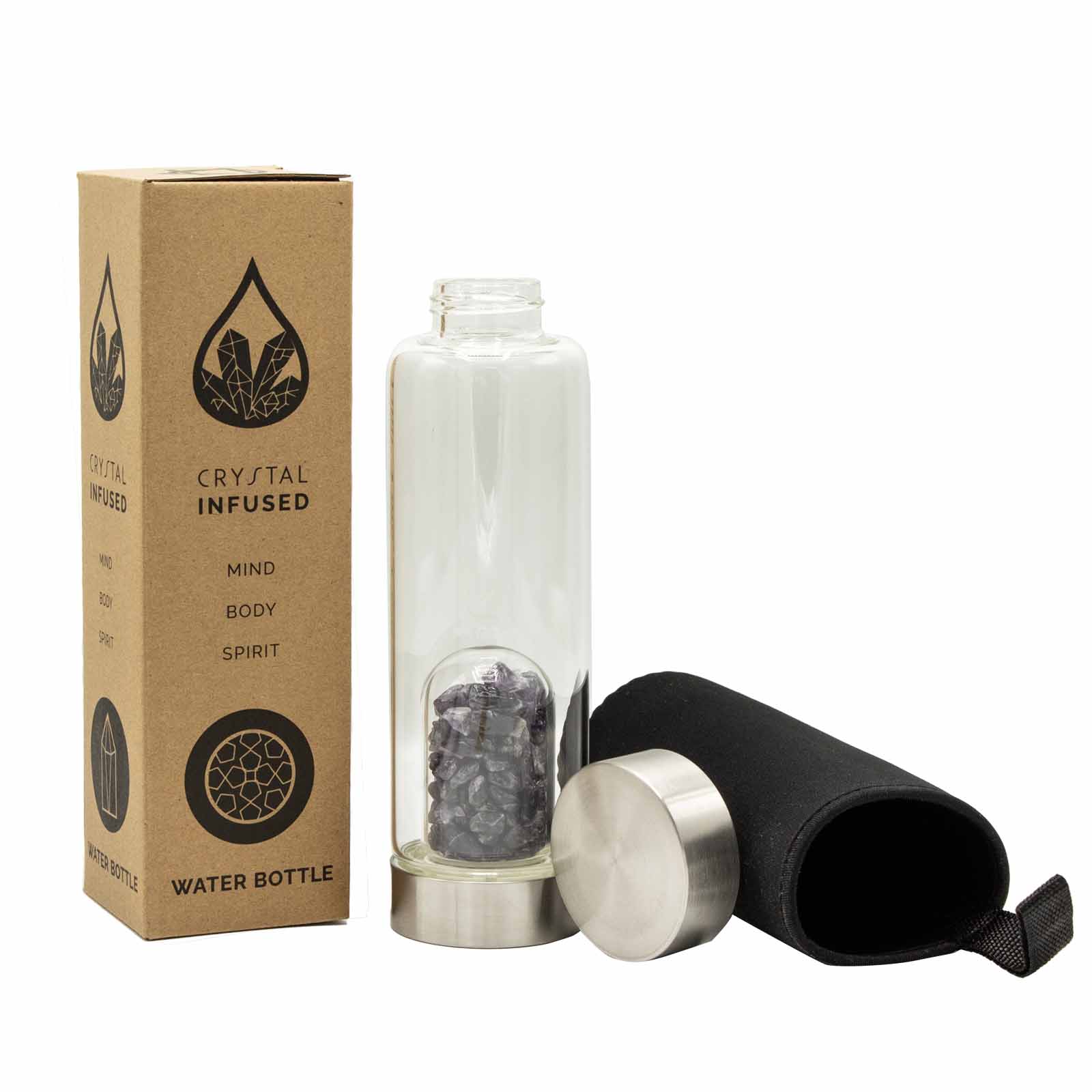 Samsara Wellbeing crystal infused water bottle with amethyst crystals, stainless steel lid and black sleeve