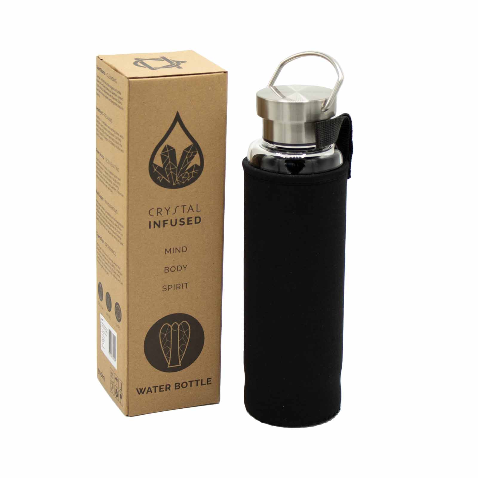 Samsara Wellbeing crystal infused water bottle with stainless steel lid and protective black sleeve