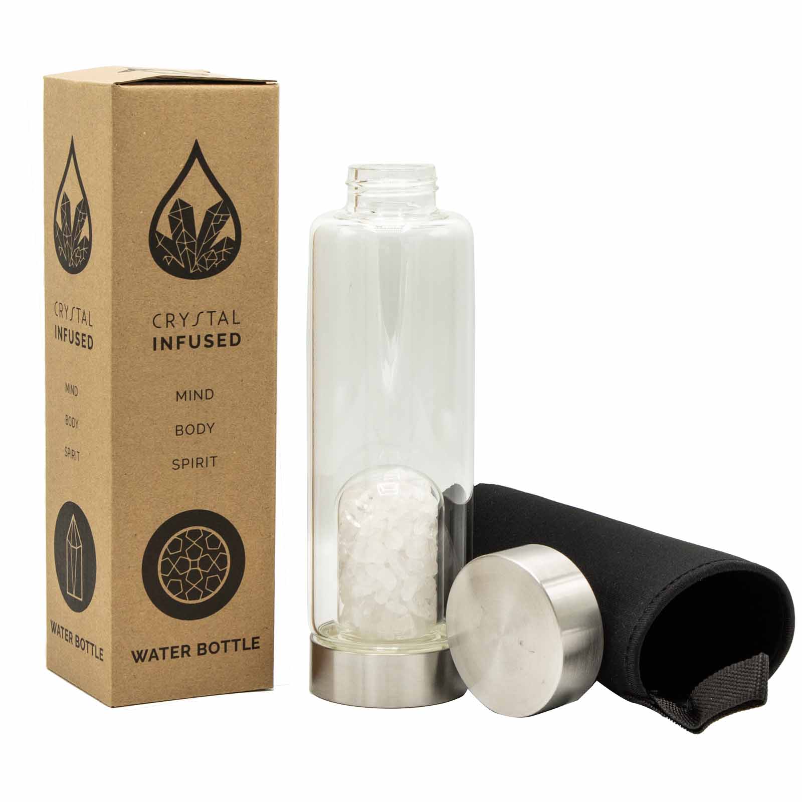 Samsara Wellbeing crystal infused water bottle with clear glass, metal lid, and protective black sleeve