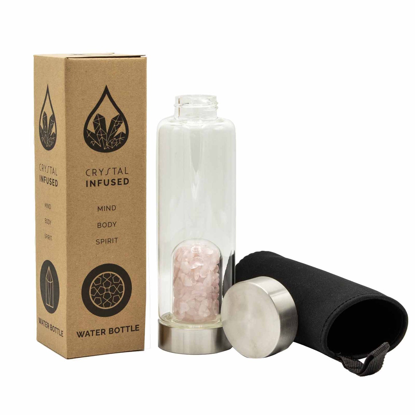 Samsara Wellbeing crystal infused water bottle with rose quartz crystals, stainless steel cap and black carrying pouch