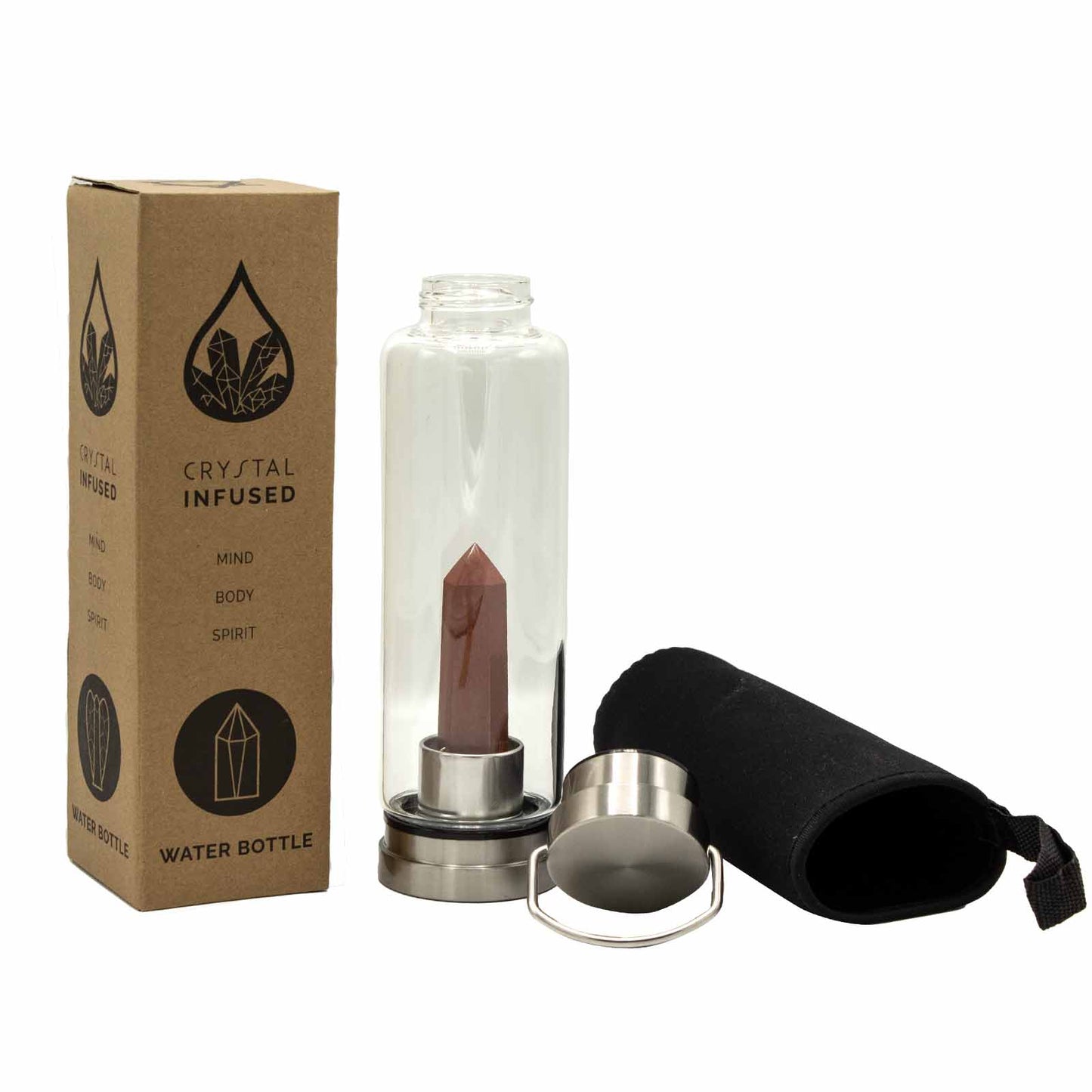 Samsara Wellbeing crystal infused water bottle with glass body, rose quartz crystal, metal lid, and black protective sleeve