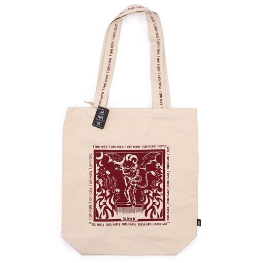 Eco friendly canvas tote bag in natural colour with red graphic design and long printed handles