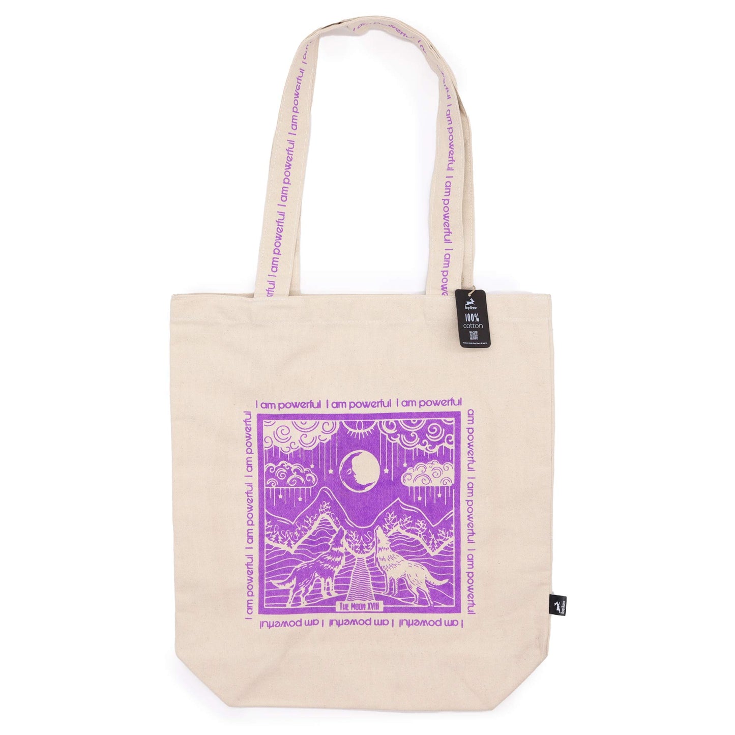 Eco friendly motivational tote bag in beige with purple empowering design and long handles