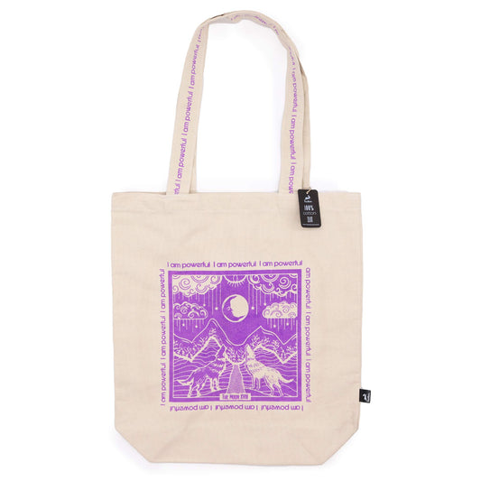 Eco friendly motivational tote bag in beige with purple empowering design and long handles