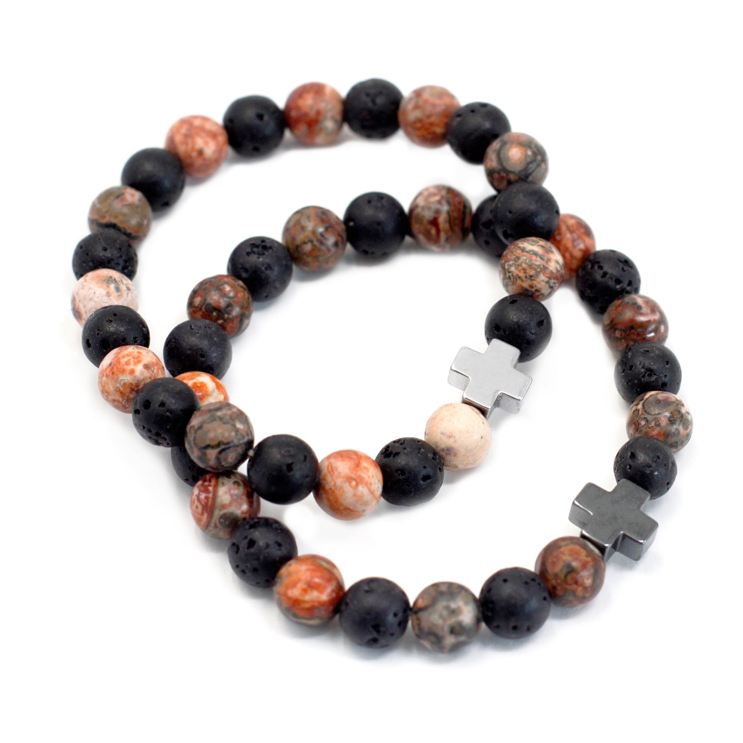 Pair of gemstone friendship bracelets with mixed natural stone beads and silver cross charms