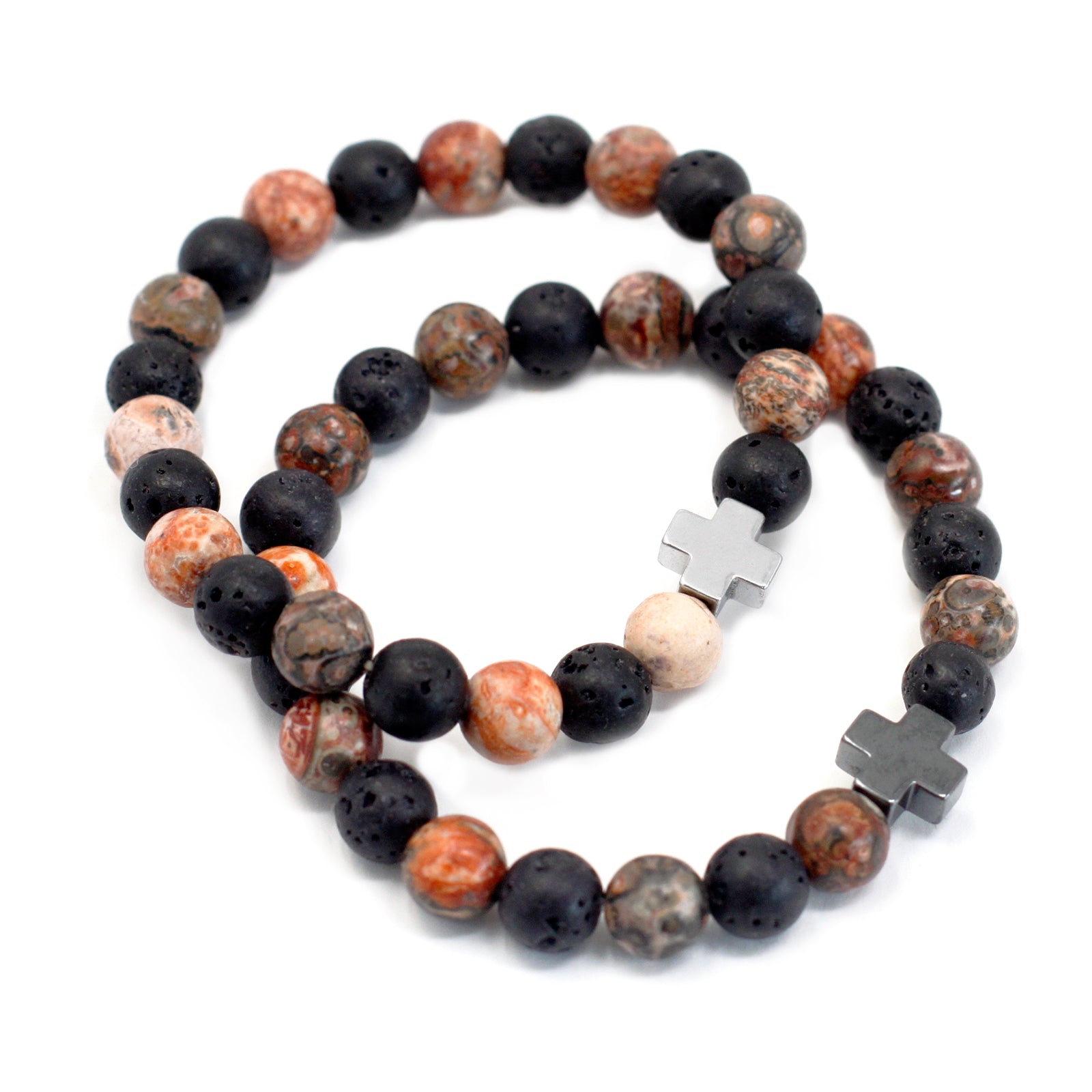 Pair of gemstone friendship bracelets with mixed natural stone beads and silver cross charms