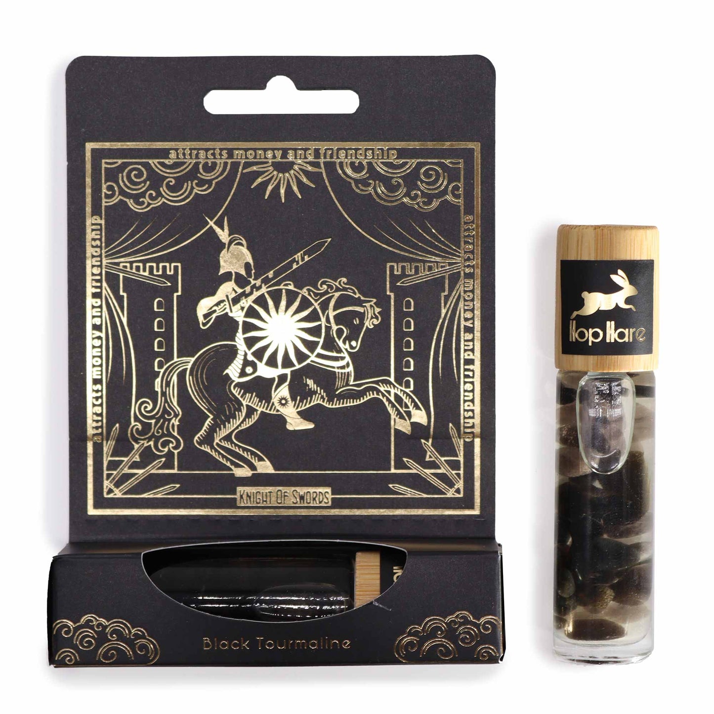 Tarot essential oil roll on with black tourmaline stones and Knight of Swords packaging design