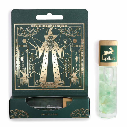 Tarot essential oil roll on with Aventurine crystals in green packaging featuring magical wizard design