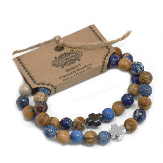 Gemstone friendship bracelets set with natural stone beads and cross charms on a brown tag