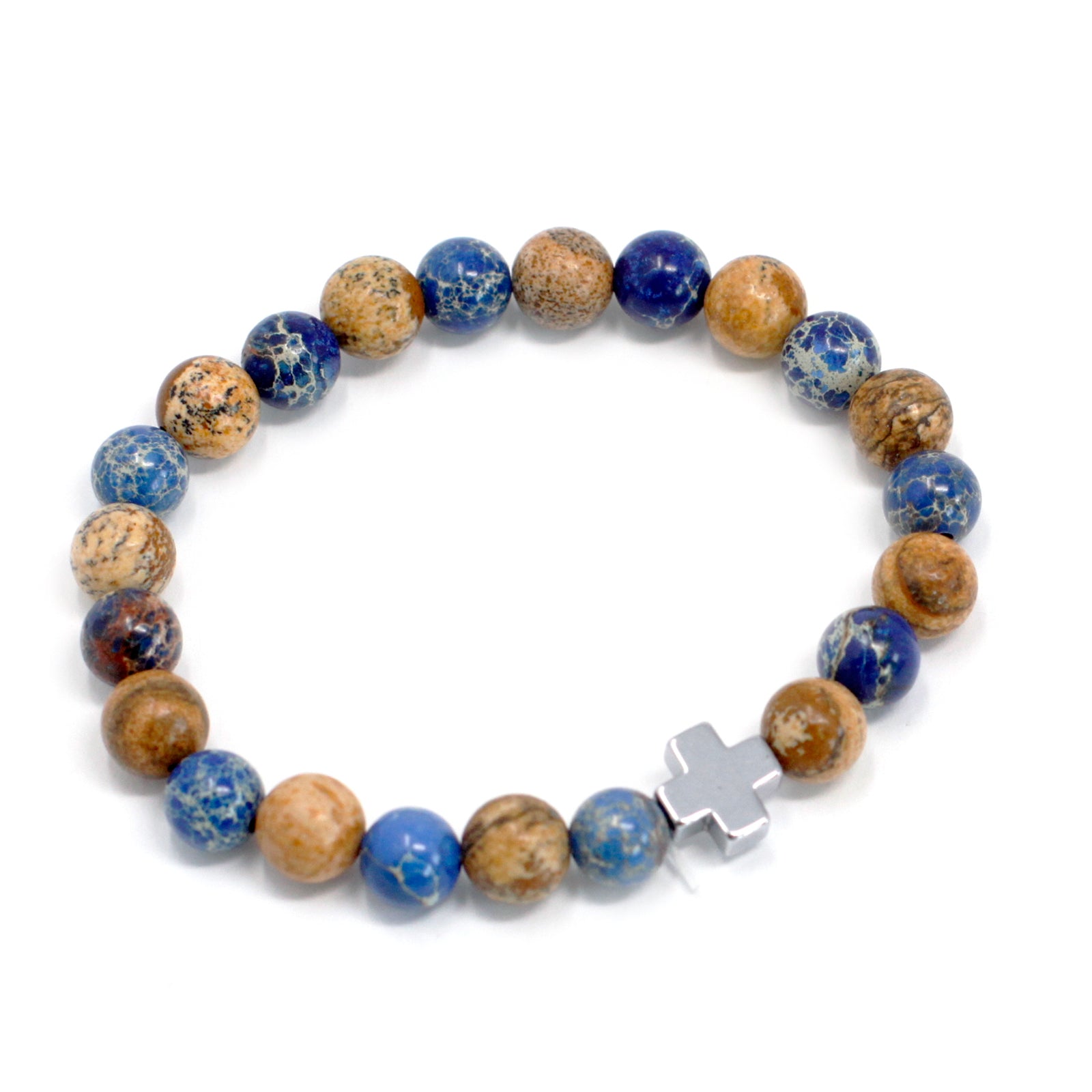 Blue and brown gemstone friendship bracelets set with round beads and silver cross charm