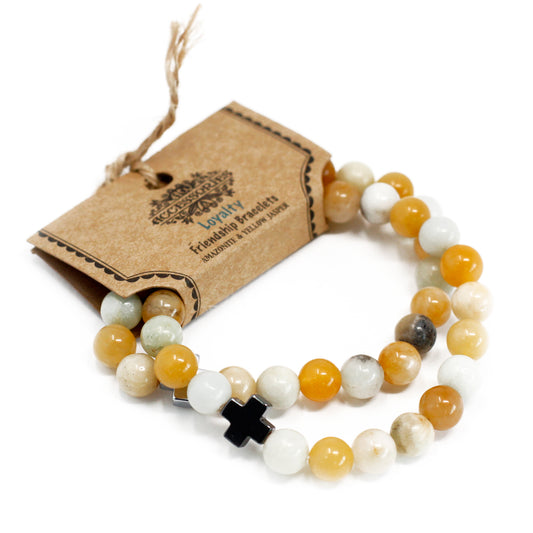 Gemstone friendship bracelets set with polished multicolour beads and black cross charm on card tag