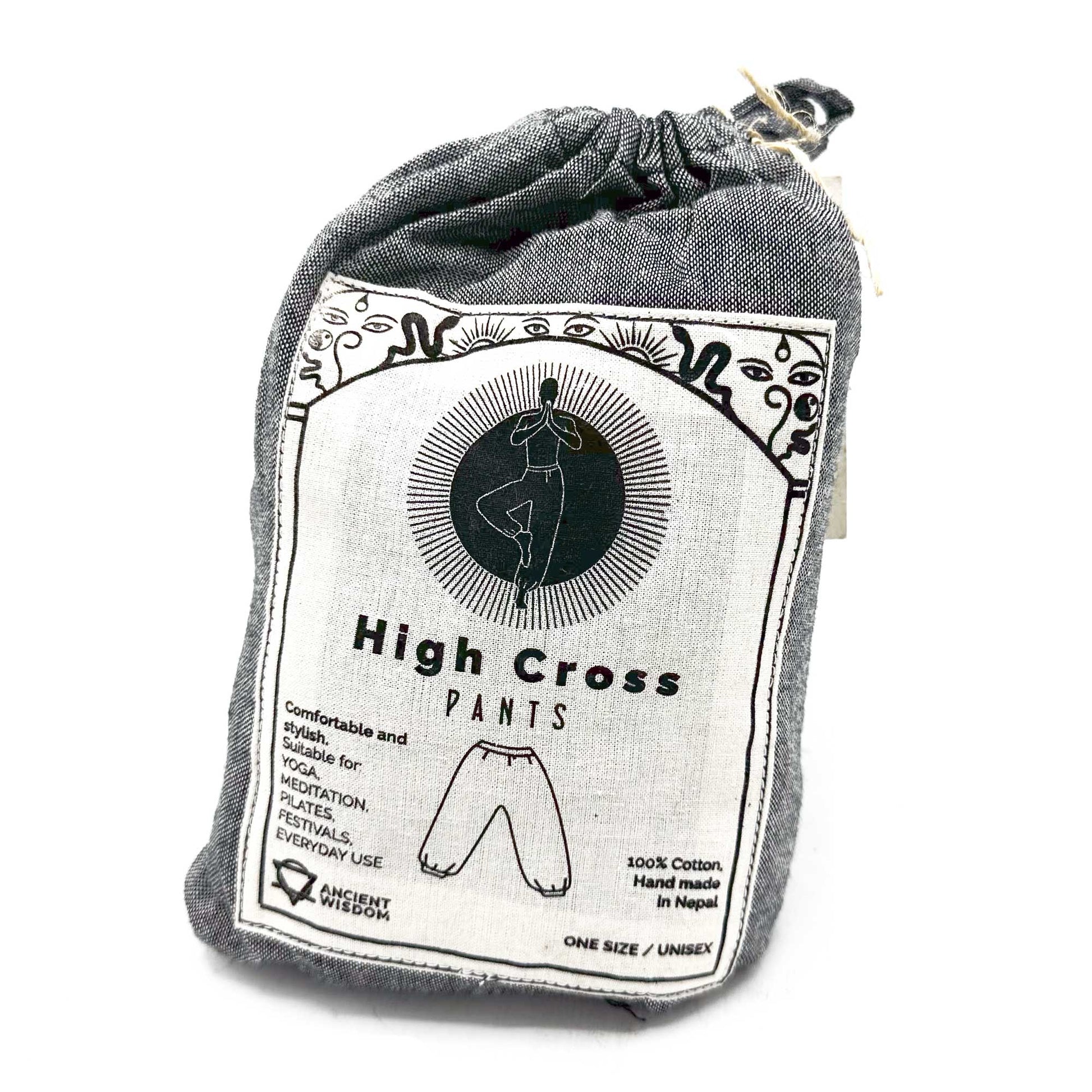 Samsara Wellbeing Himalayan yoga pants in drawstring bag made of cotton handmade in Nepal