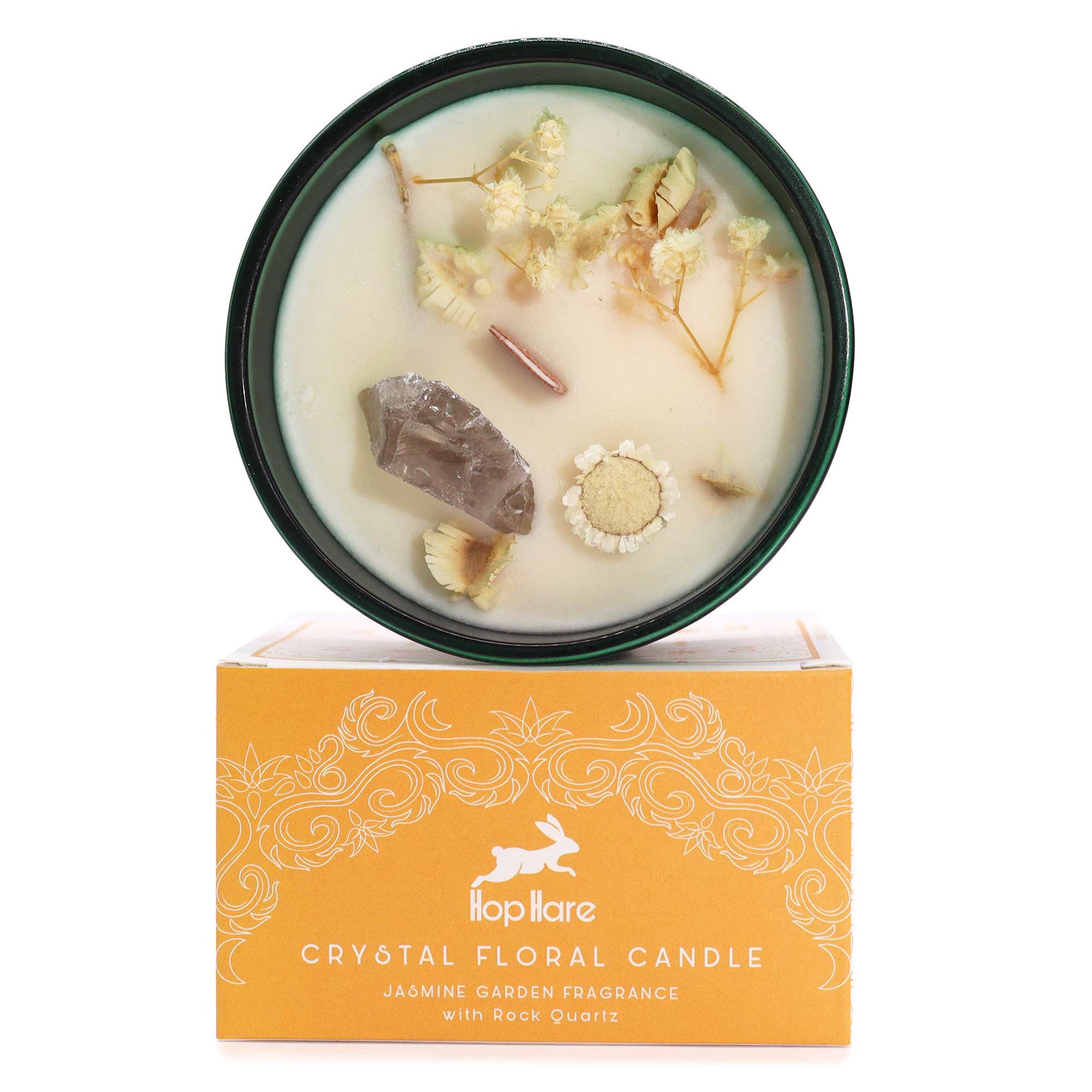 Aromatherapy candle with crystals featuring jasmine garden fragrance and decorative dried flowers in a black jar