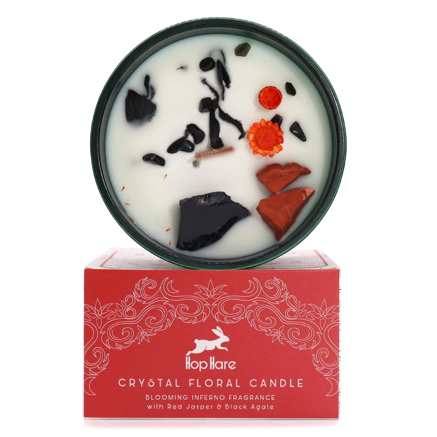 Crystal infused candle with red jasper and black agate stones in floral scent by My Store