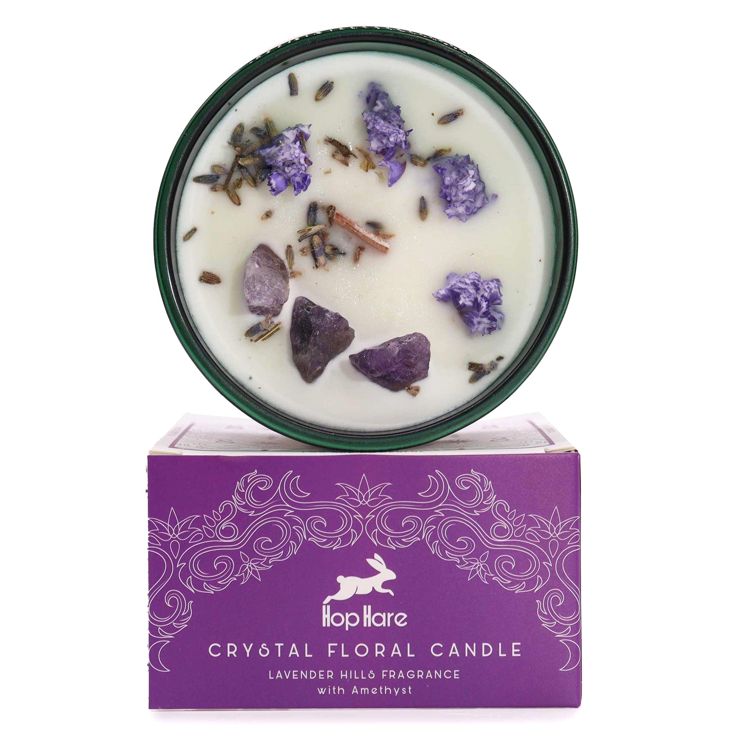 Crystal infused flower candle with lavender and amethyst in a purple decorative box