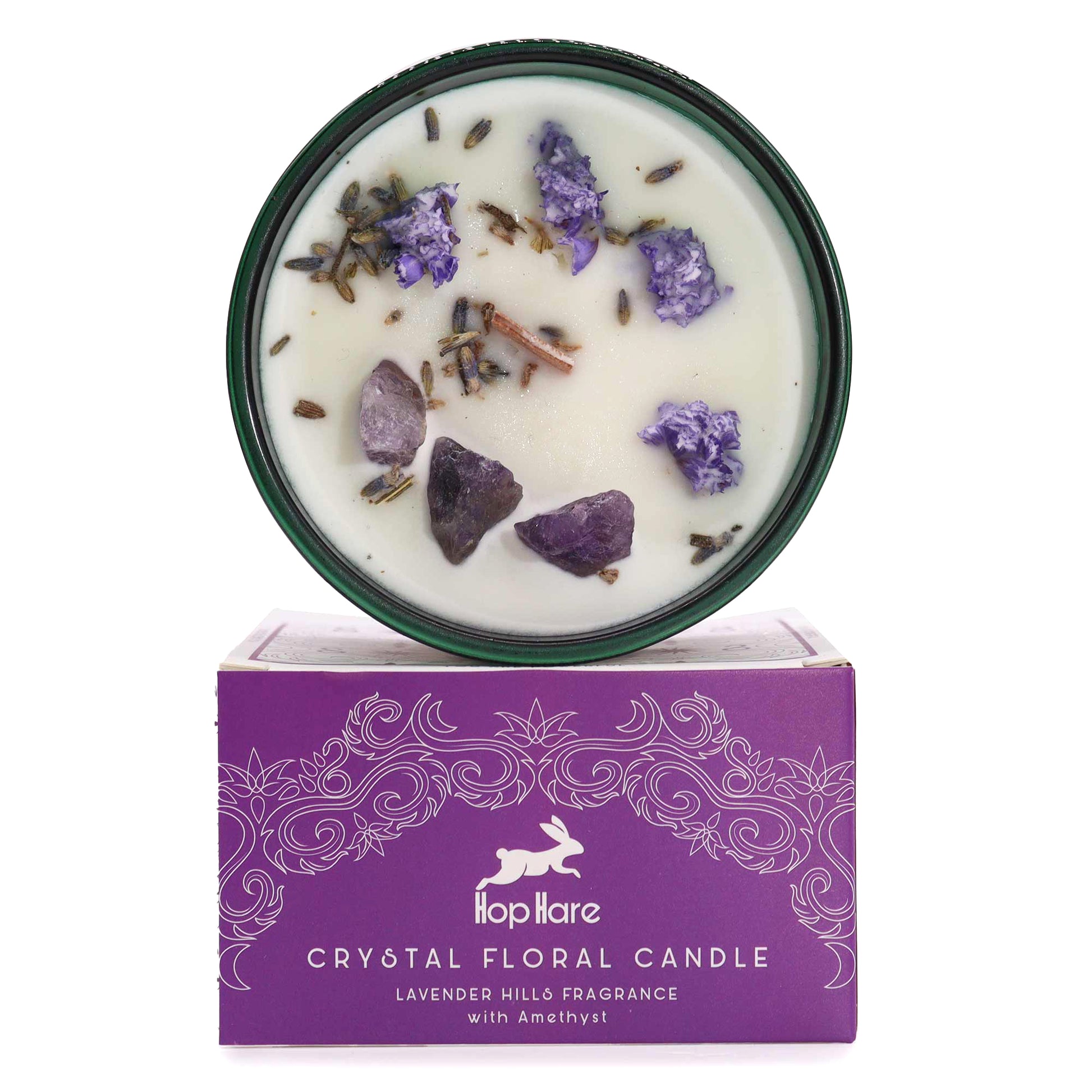 Crystal infused flower candle with lavender and amethyst in a purple decorative box