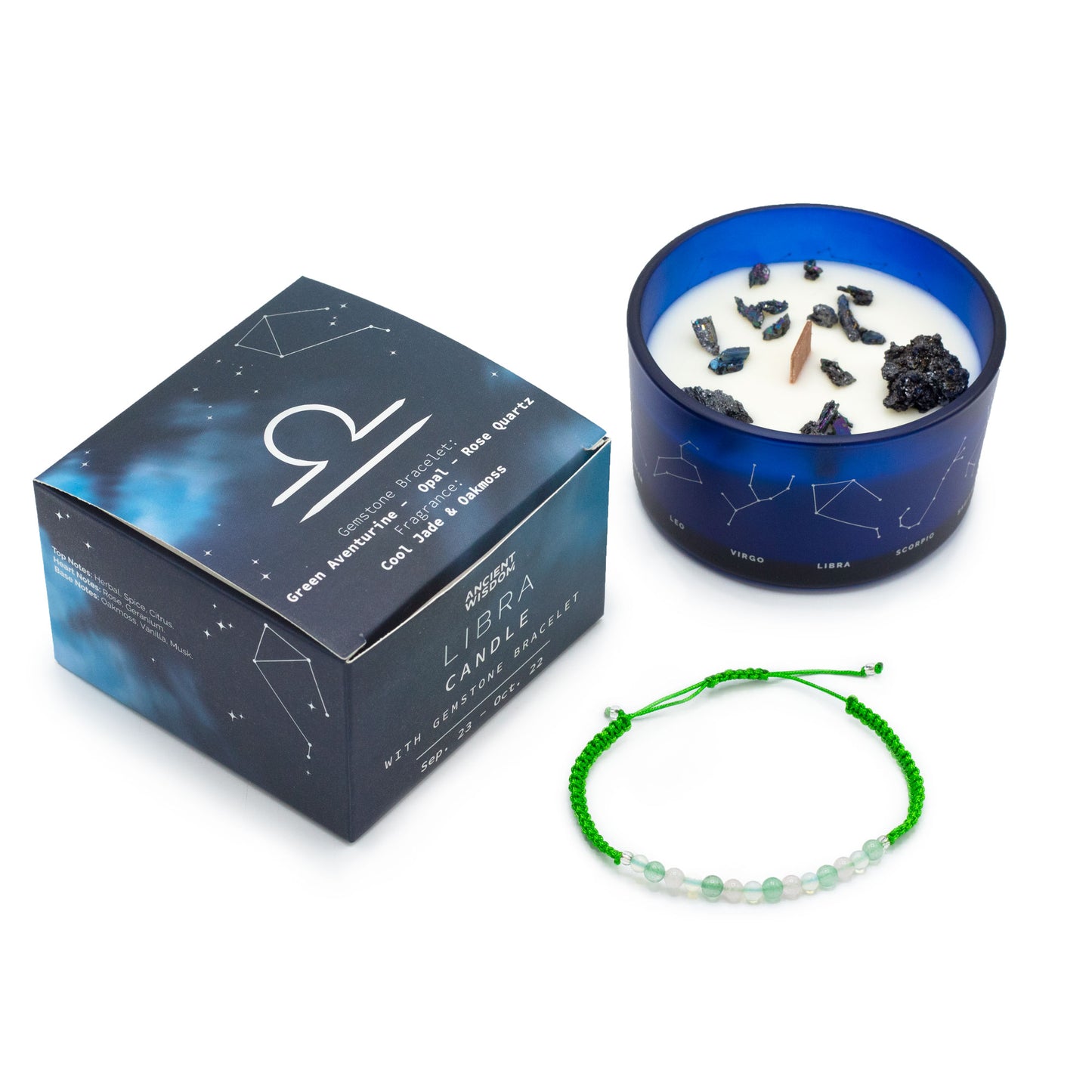 Libra zodiac crystal candle by Samsara Wellbeing with blue glass holder and constellation design