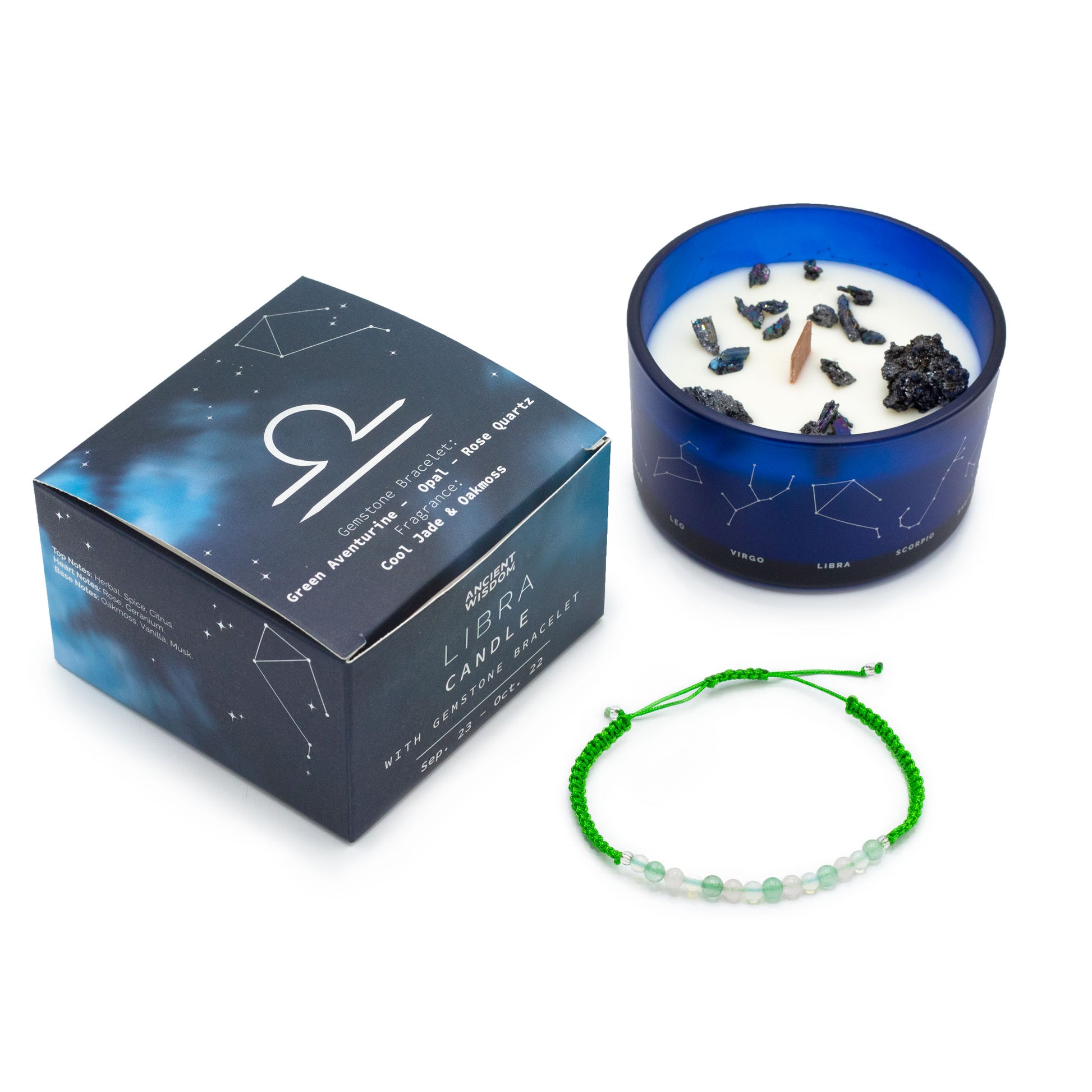 Libra zodiac crystal candle by Samsara Wellbeing with blue glass holder and constellation design