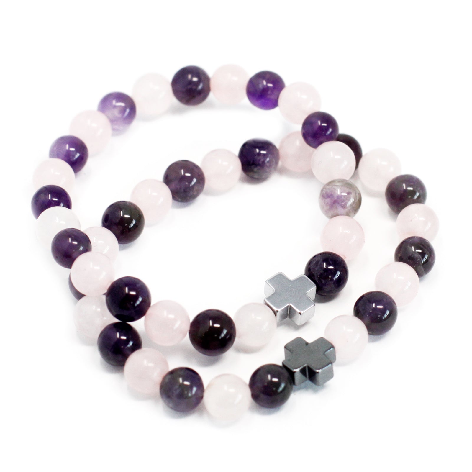 Purple and pink gemstone bracelets for friends featuring round beads and cross charms