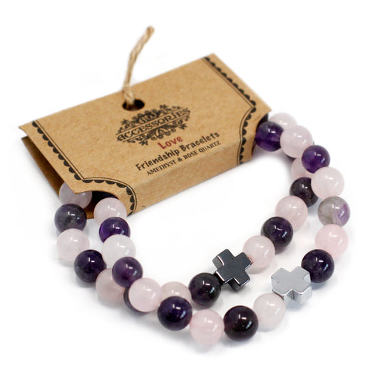 Gemstone bracelets for friends with amethyst and rose quartz beads featuring cross charms