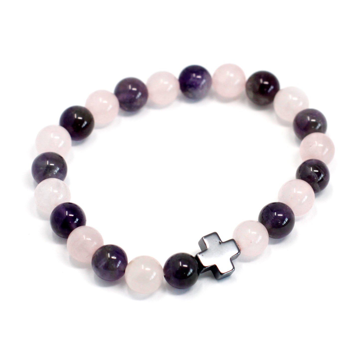 Purple and pink gemstone bracelets for friends with a silver cross charm on elastic band