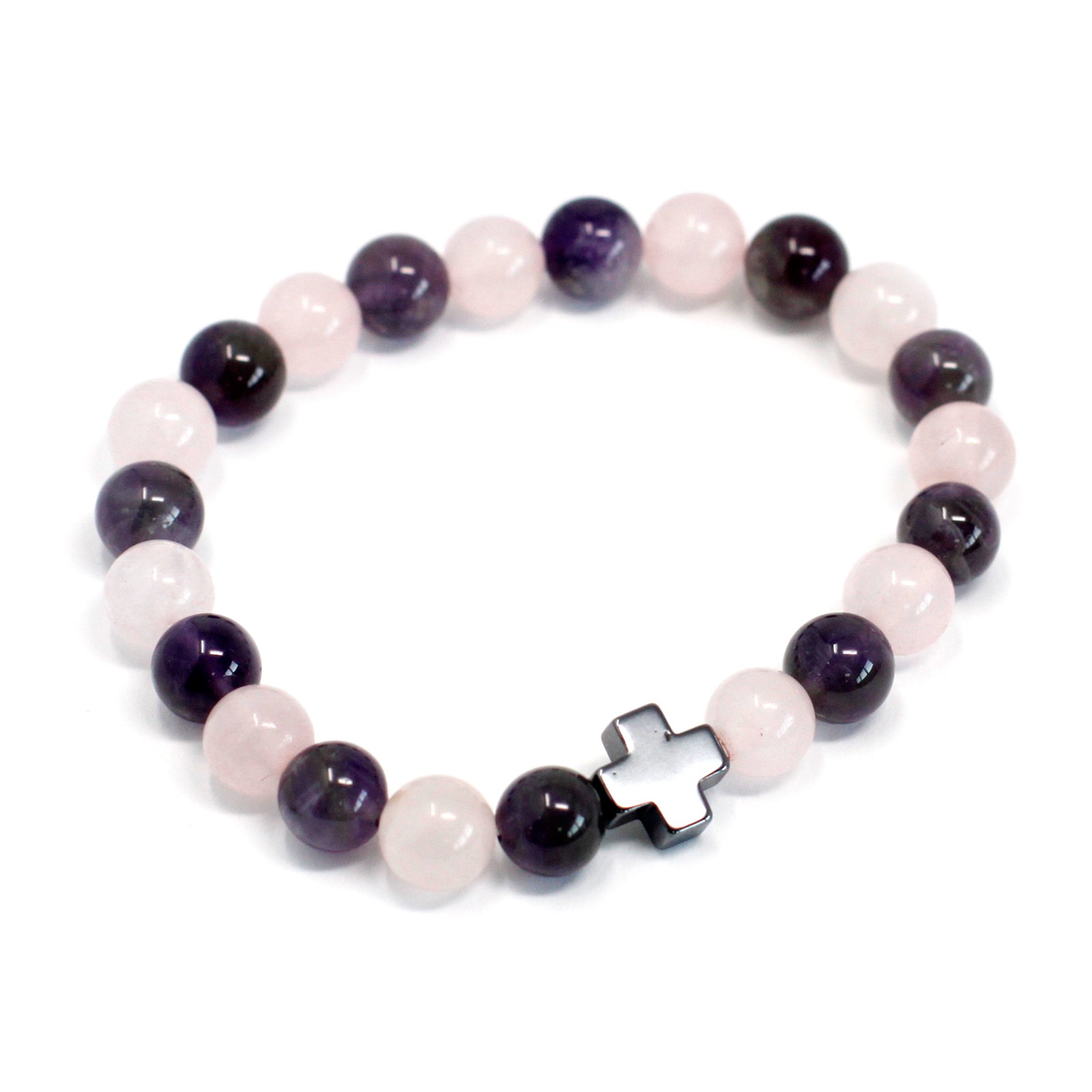 Purple and pink gemstone bracelets for friends with a silver cross charm on elastic band