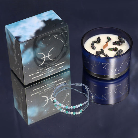 Samsara Wellbeing Pisces crystal candle in navy blue glass with astrological design and gemstone bracelet gift set