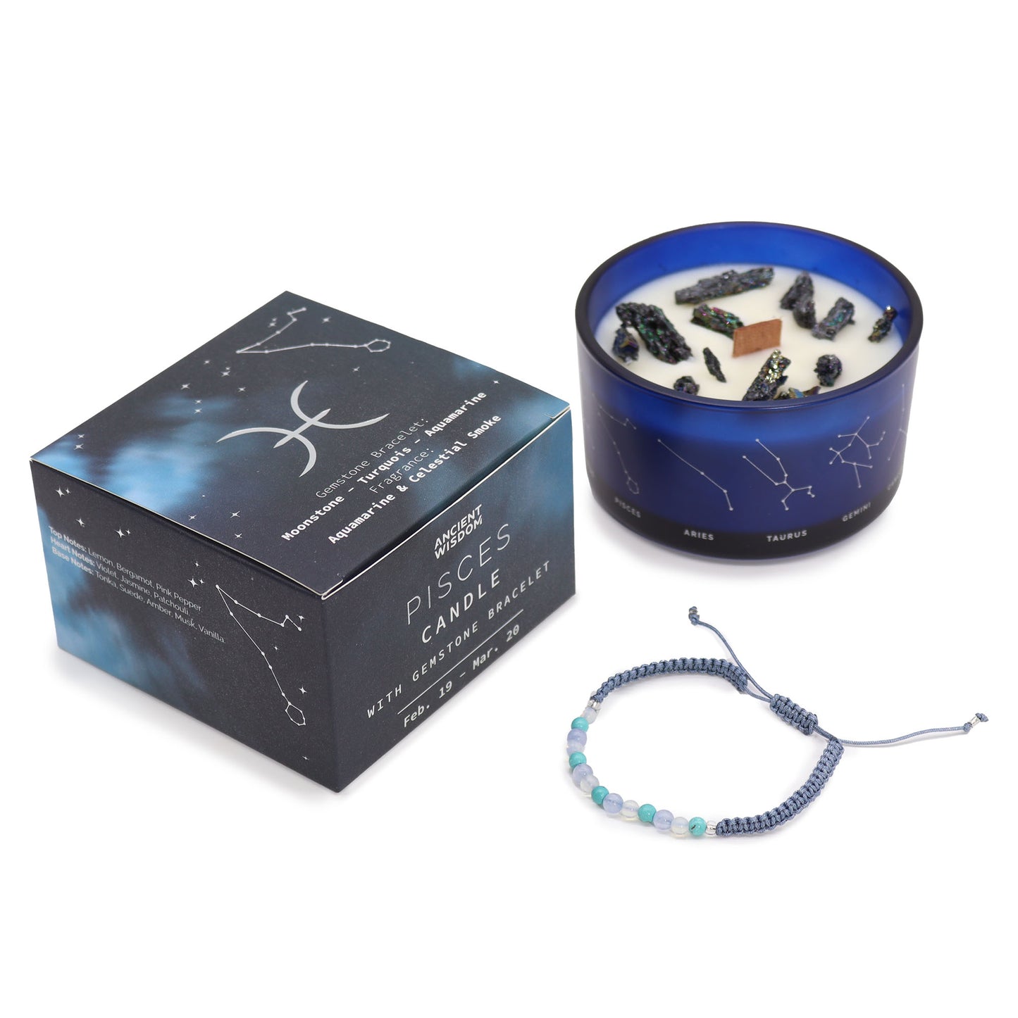 Pisces crystal candle by Samsara Wellbeing with constellation design and gemstone bracelet