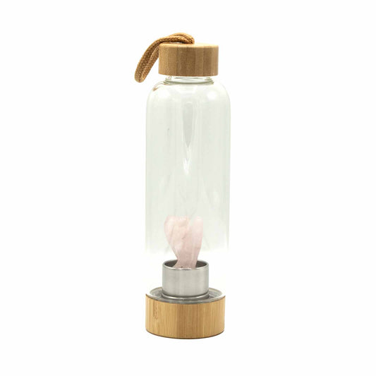 Samsara Wellbeing rose quartz crystal water bottle UK with bamboo lid and strap