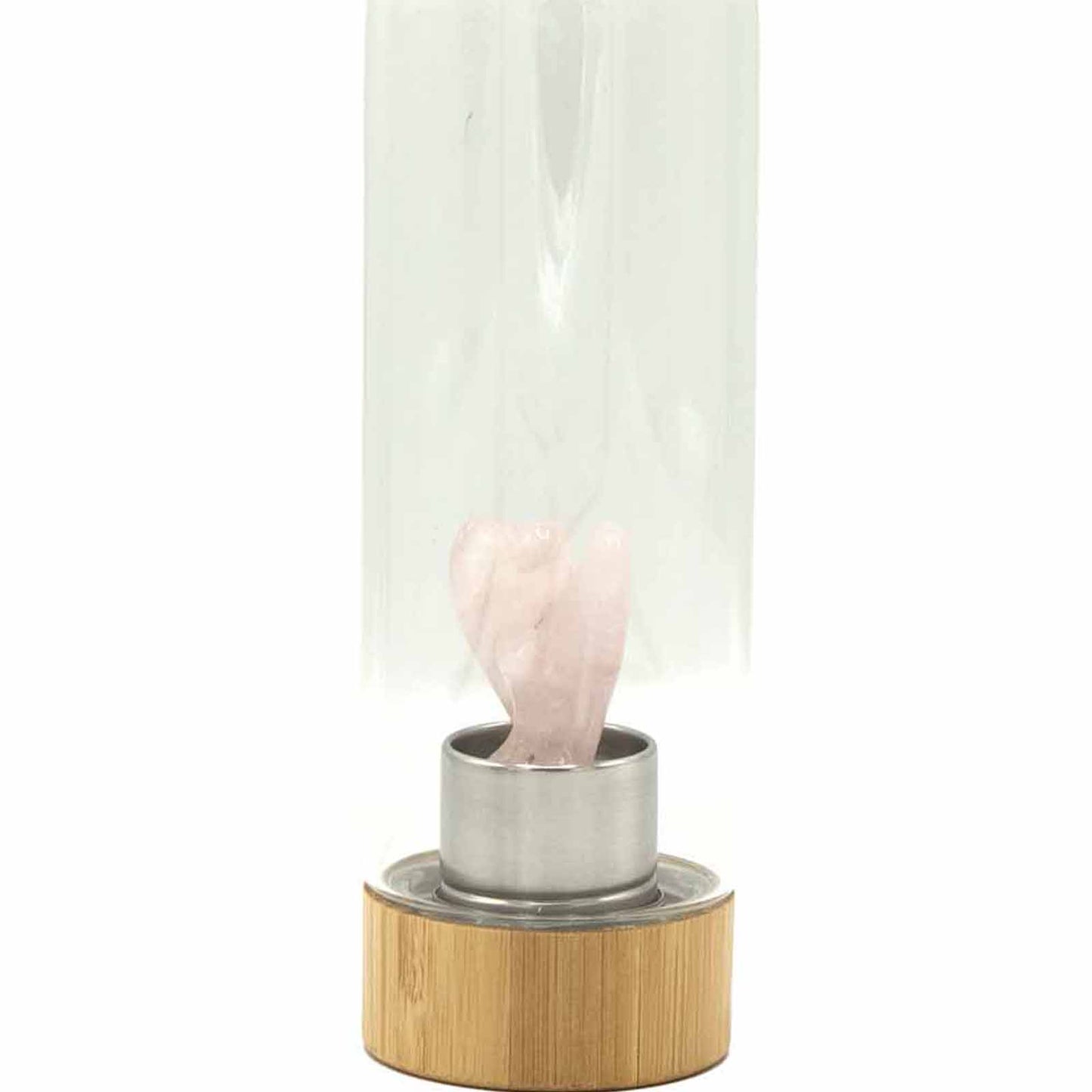 Samsara Wellbeing rose quartz crystal water bottle UK with bamboo base and clear glass body