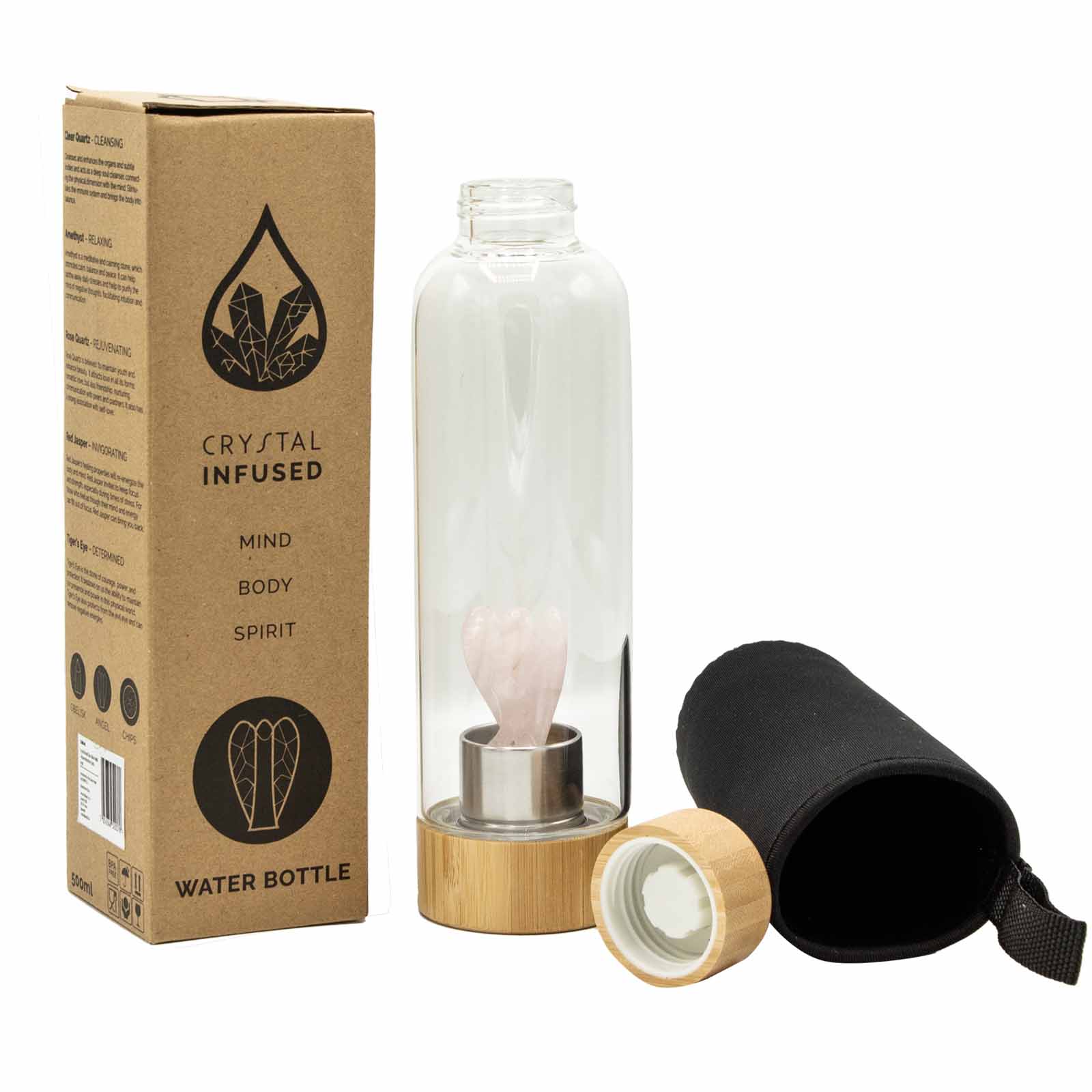 Samsara Wellbeing rose quartz crystal water bottle UK with bamboo lid and protective black pouch