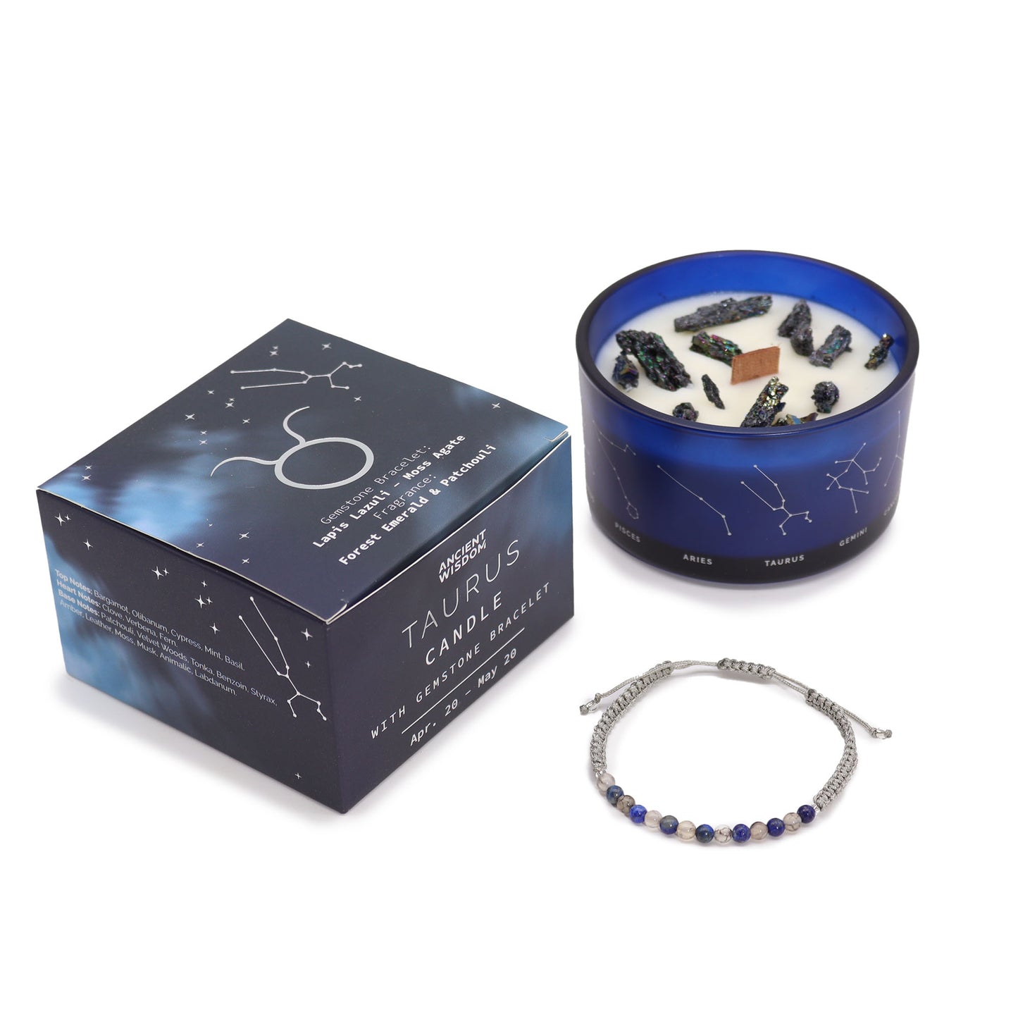 Taurus zodiac crystal candle with blue glass, gemstone crystals, and matching beaded bracelet