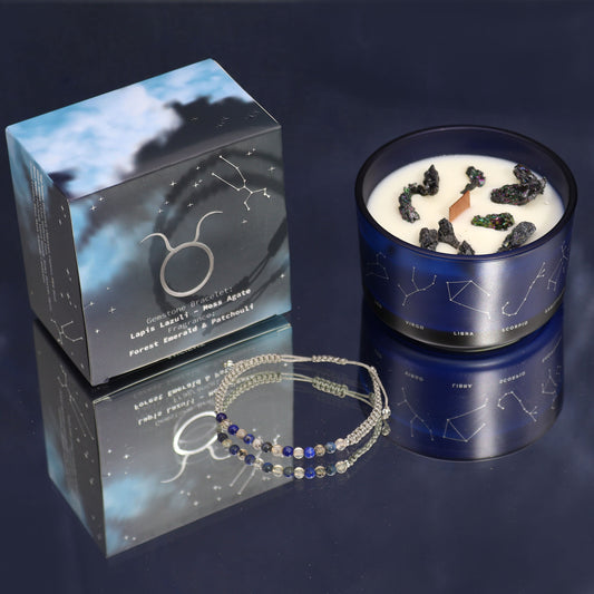 Taurus zodiac crystal candle with constellation design and crystal bracelet
