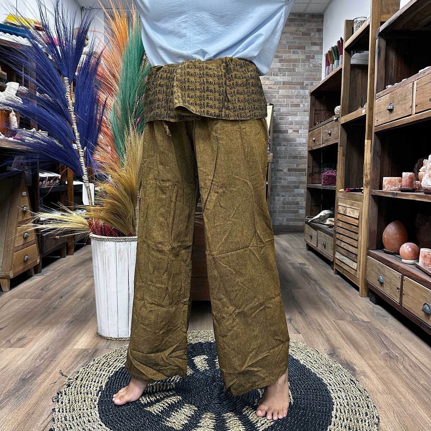 Samsara Wellbeing brown Thai fisherman pants for yoga with wide legs and adjustable waistband