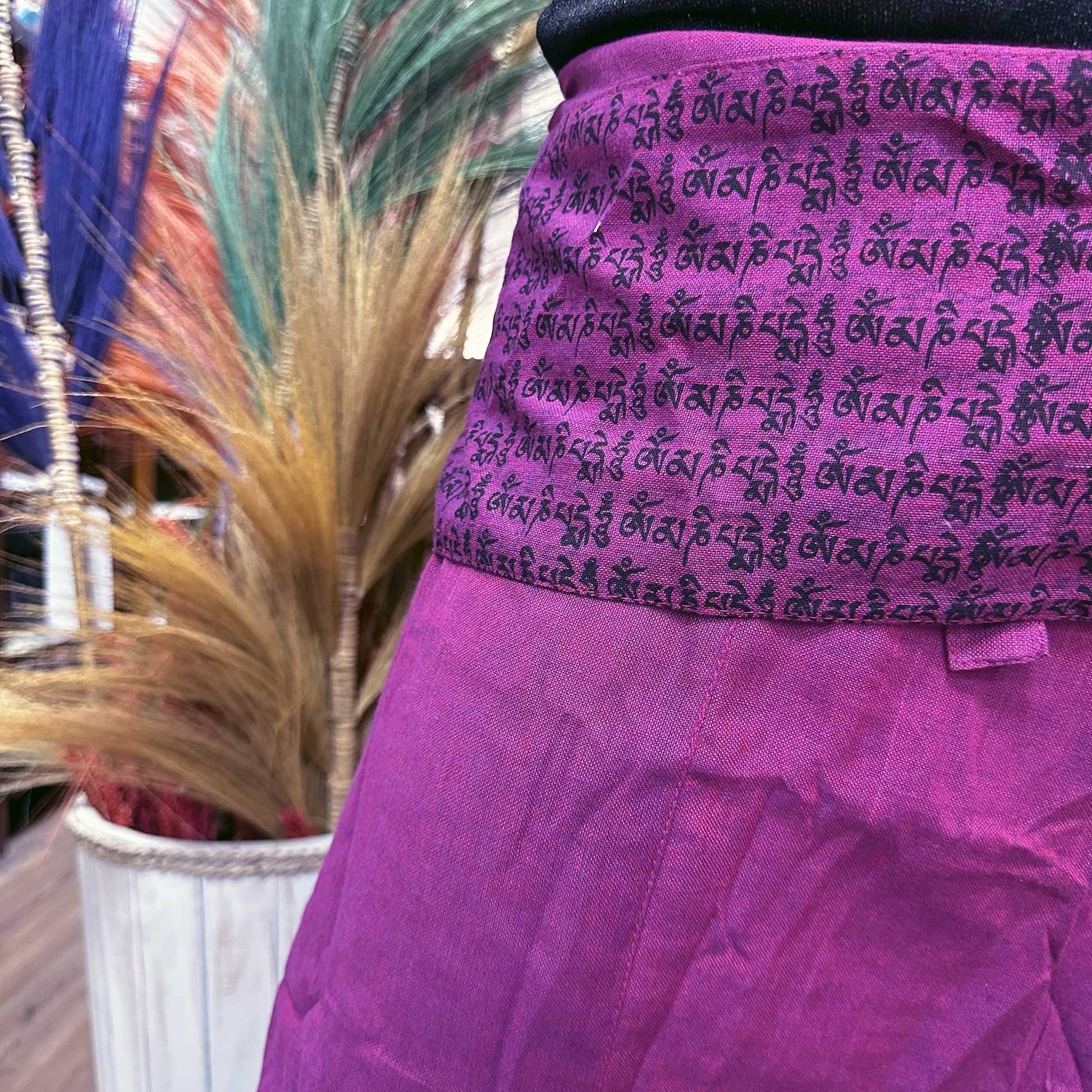 Purple Thai fisherman pants purple with black script print waistband by Samsara Wellbeing
