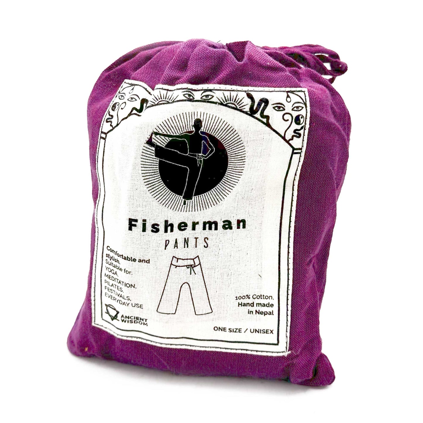 Purple drawstring bag packaging containing Samsara Wellbeing Thai fisherman pants purple made from cotton