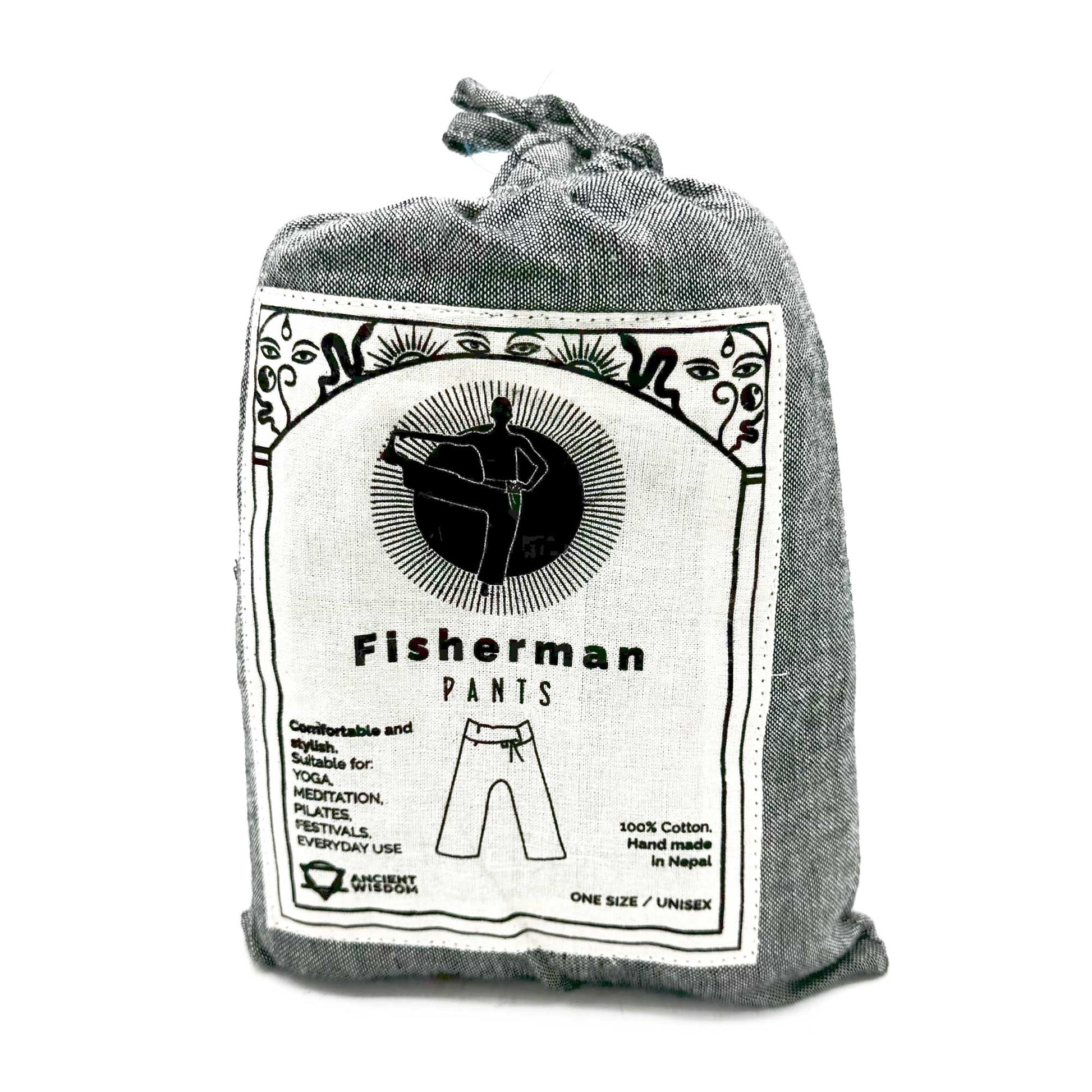 Samsara Wellbeing Thai fisherman yoga pants in a grey drawstring pouch with product label