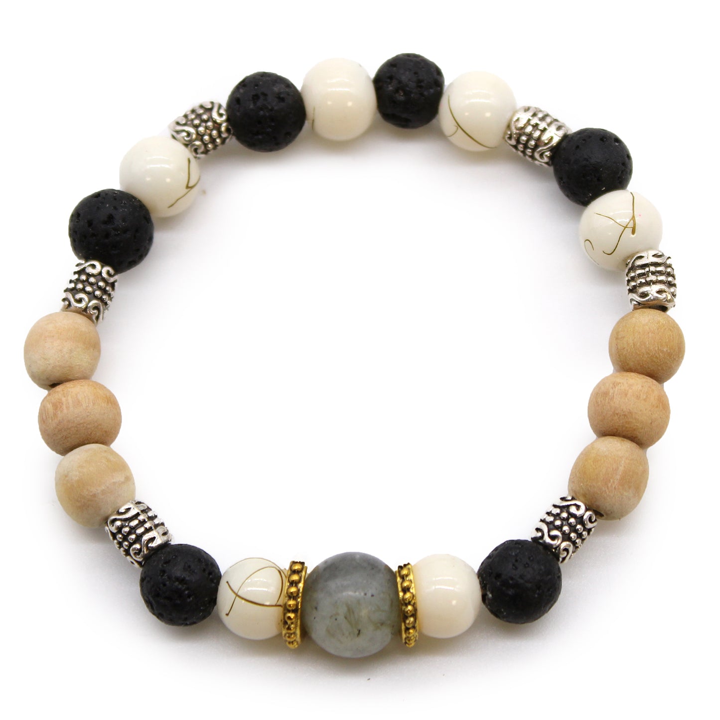 Acceptance healing bracelet with black lava, wooden, white and silver beads for spiritual balance