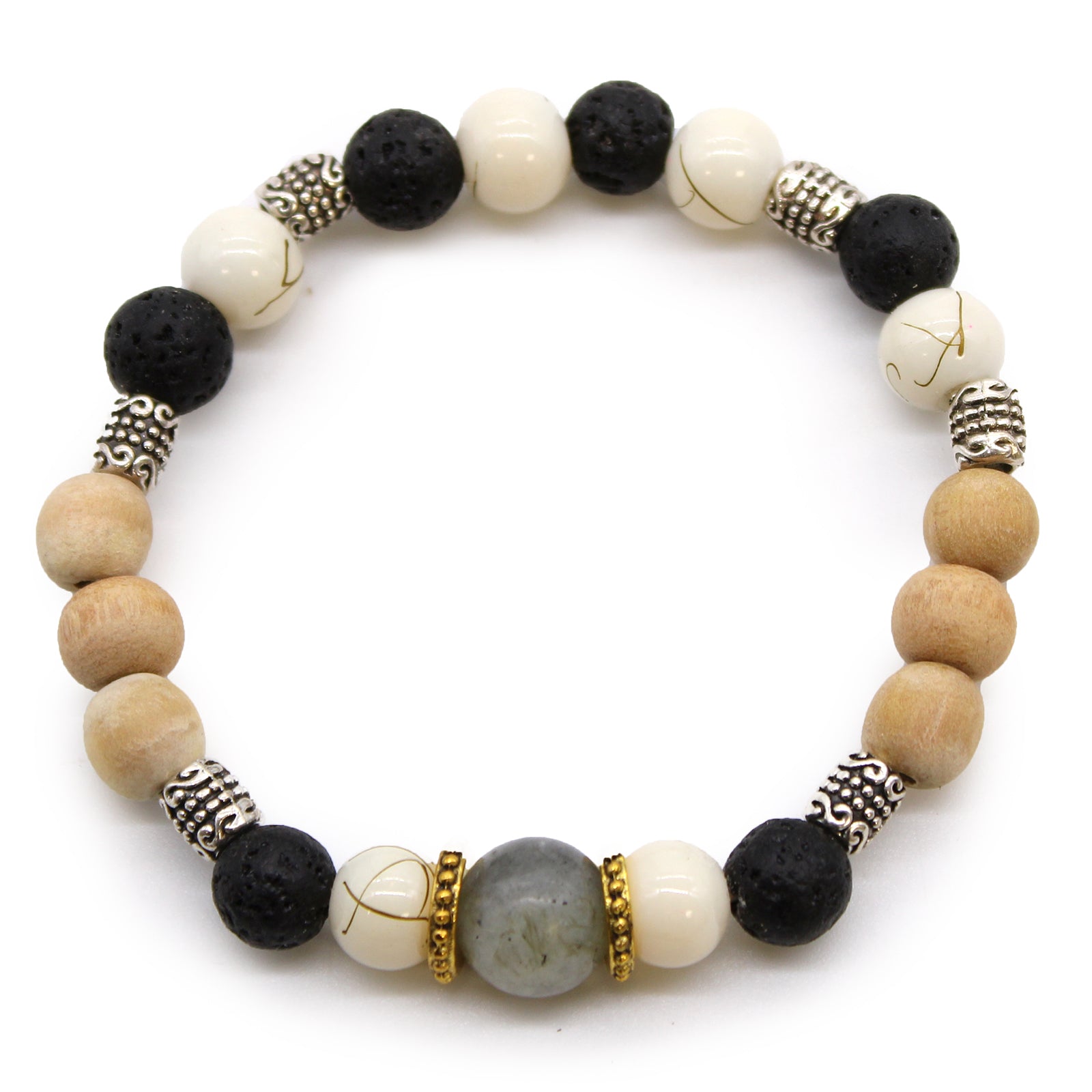Acceptance healing bracelet with black lava, wooden, white and silver beads for spiritual balance