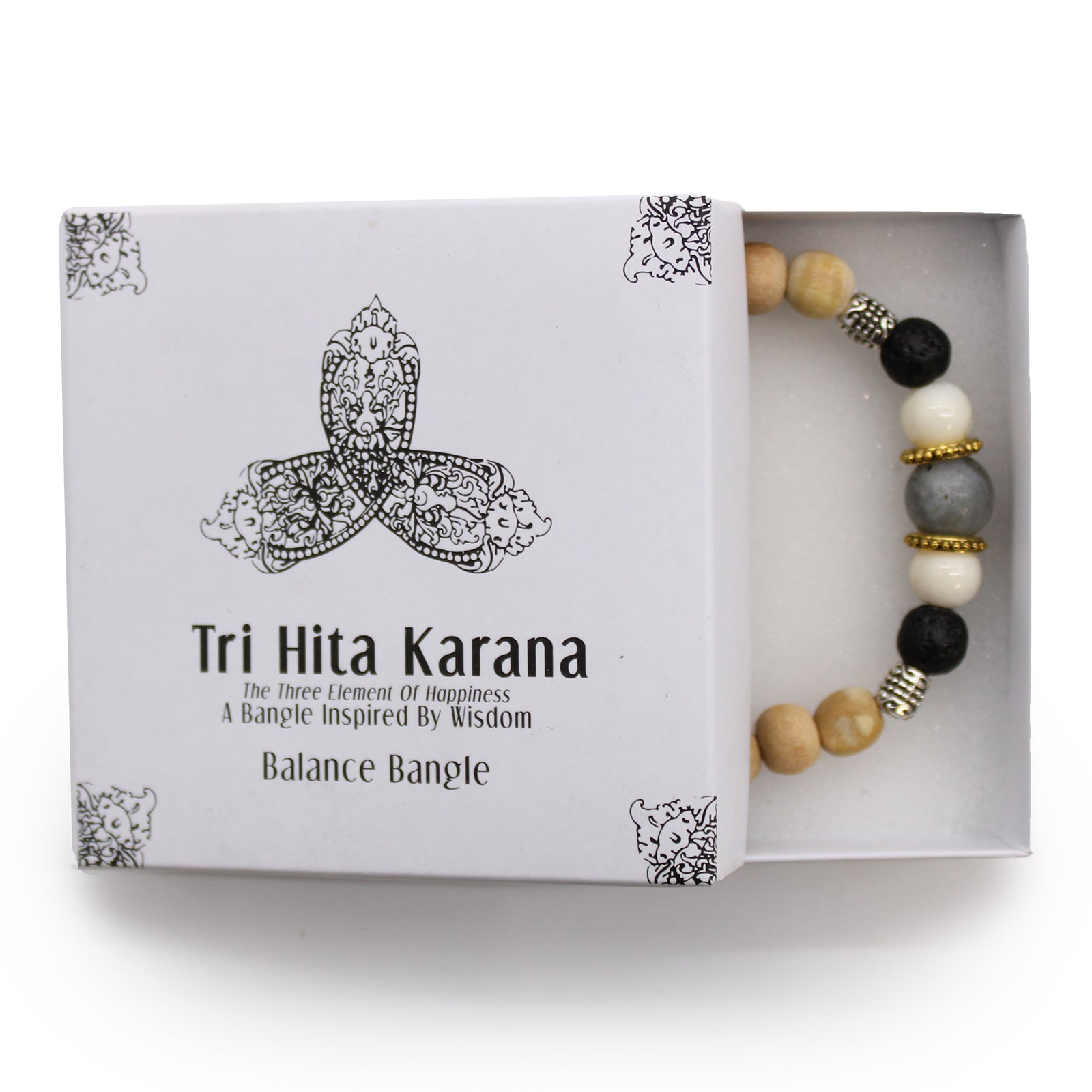 Tri Hita Karana acceptance healing bracelet with natural beads in a white balance bangle box